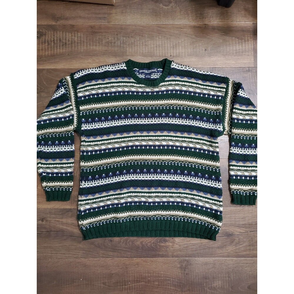 American Portrait Sweater Mens L Green Fair Isle Cotton USA Made Vintage 90s
